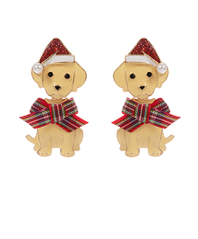 Cute gold puppy-shaped earrings wearing red glitter Santa hats and striped bows—festive Christmas earrings perfect for dog lovers and holiday outfits.