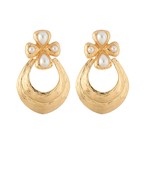 Gold drop earrings with a floral-inspired pearl cluster and textured design, combining vintage elegance with modern sophistication.