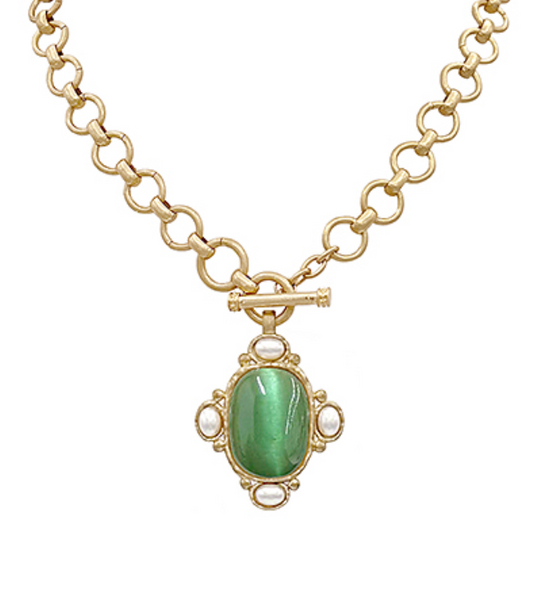 Gold chain necklace with oval Green Gemstone pendant surrounded by faux pearls