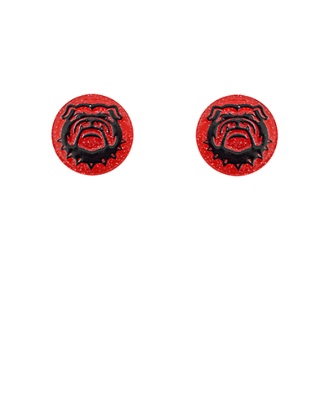 Georgia Grit Bulldog Stud Earrings featuring a Black Bulldog Head on a Red Glitter Background
