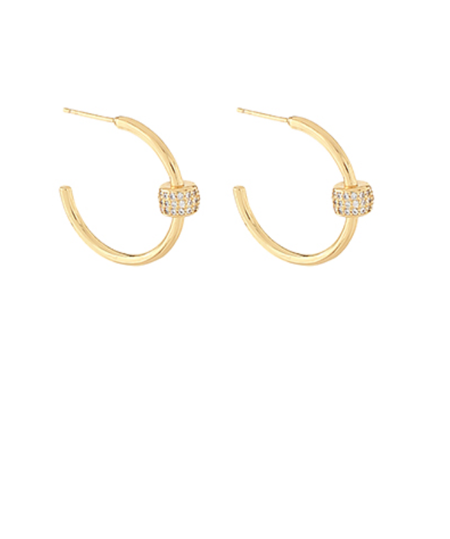 Gilded Pave Hoop Earrings featuring a polished gold-toned hoop with a pave-set rhinestone barrel accent.