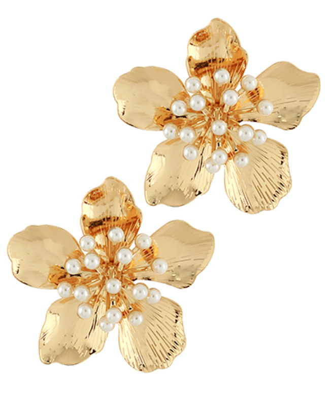 Golden Dewdrop Blossom Stud Earrings with Gold Petals and Pearl Center