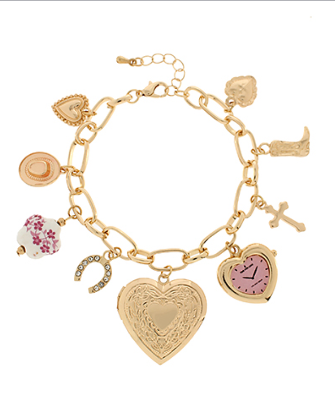 Golden charm bracelet with heart locket, clock charm, cross, horseshoe, porcelain flower, and western-themed icons on a gold chain