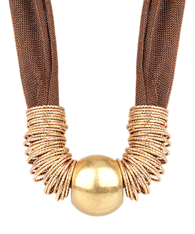 Golden Solstice Statement Necklace featuring a large gold centerpiece sphere, metallic coil accents, and a bronze mesh cord.