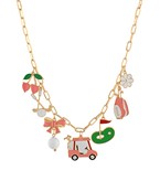 A gold chain necklace featuring playful golf-themed charms, including a golf cart, golf clubs, a putting green, and floral accents, designed for stylish golf enthusiasts.