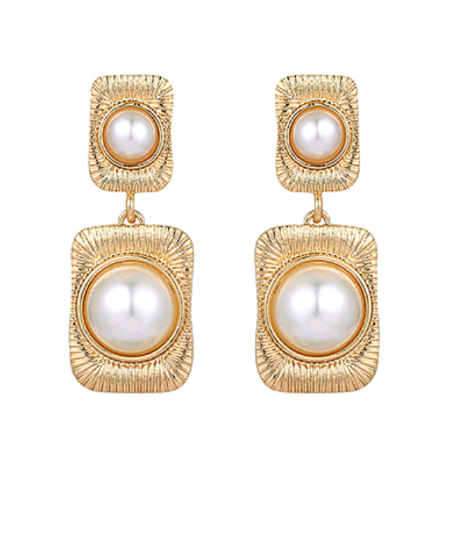 Pair of vintage-inspired gold-toned drop earrings featuring textured rectangular frames and luminous faux pearls in two sizes.