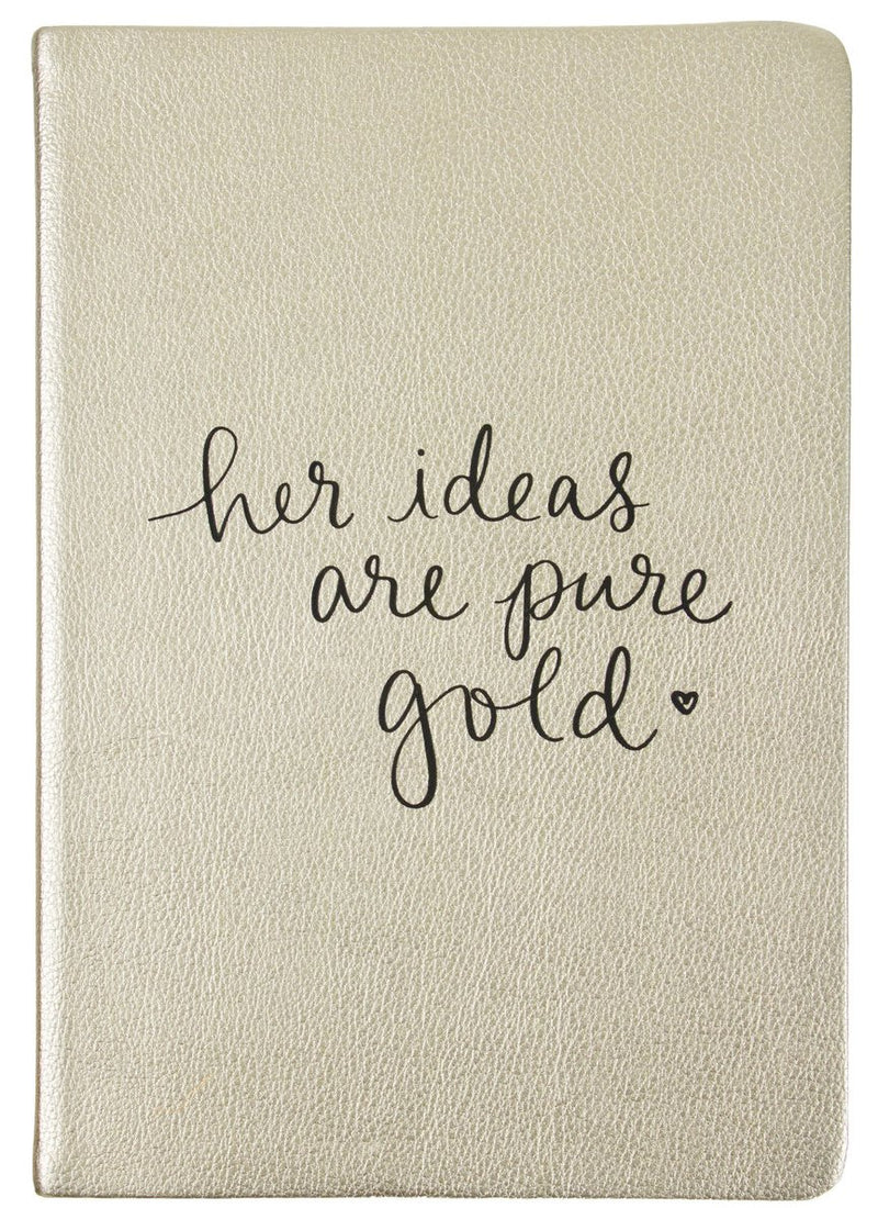 Gold faux leather journal with 'Her Ideas Are Pure Gold' embossed on the cover, perfect for journaling, goal-setting, and creative writing.