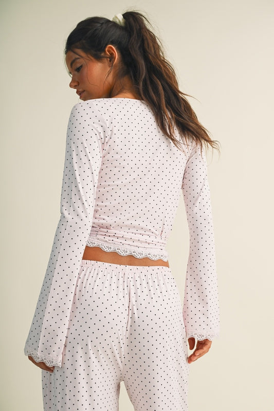 Polka Dot Lace-Trim Wrap Top