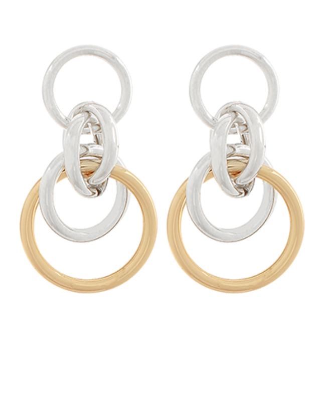 Interlinked Radiance Hoop Earrings featuring three nested, interconnected rings in polished gold and silver tones, creating a modern, sculptural design.