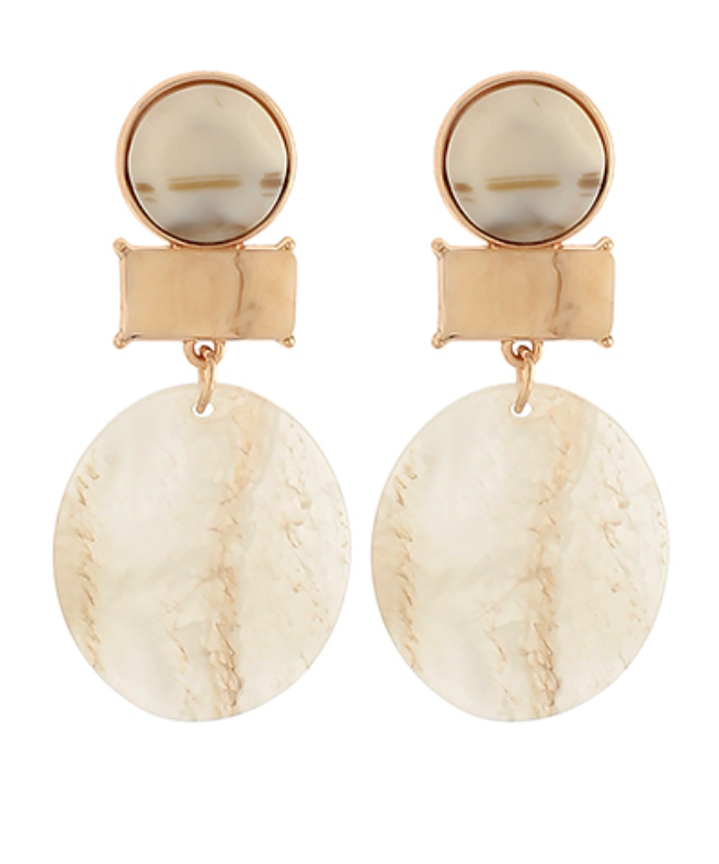 A pair of elegant marbled ivory resin earrings featuring a round stud, rectangular connector, and lightweight circular drop with gold-tone accents.
