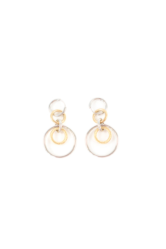 Gold and silver multi-hoop drop earrings with interlocking circular links and textured inner ring detail