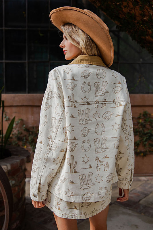 The Anwen Western Sketch Jacket adds laid-back charm with bold, artistic detailing.