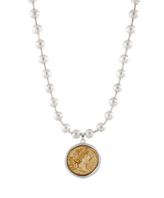 Timeless silver beaded necklace featuring a beautifully framed ancient coin pendant for a chic, modern look.