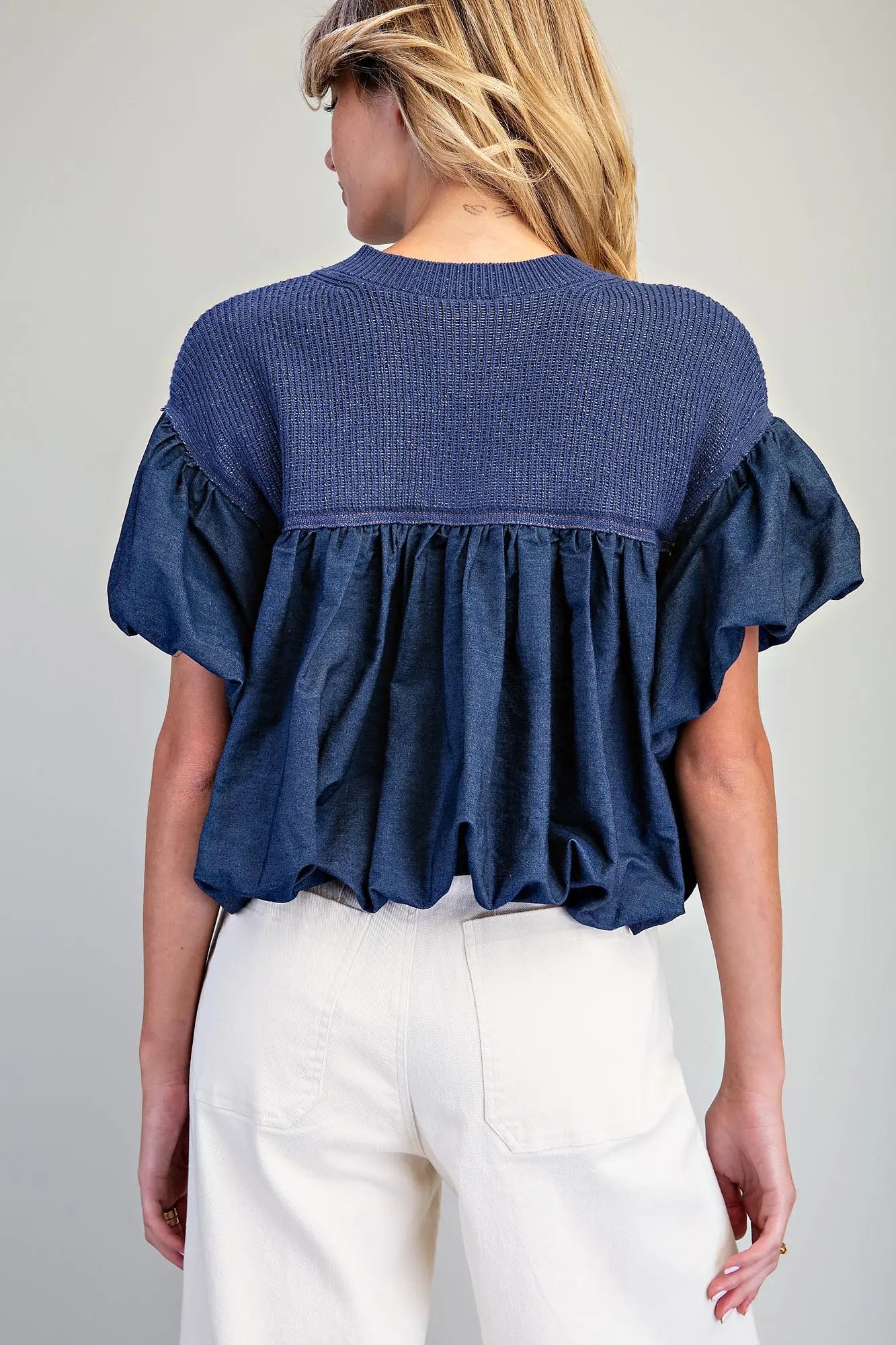 Cecily Knit Yoke Denim Bubble Top featuring a ribbed knit crewneck yoke, cotton chambray-style bodice, dramatic bubble sleeves, and gathered balloon hem