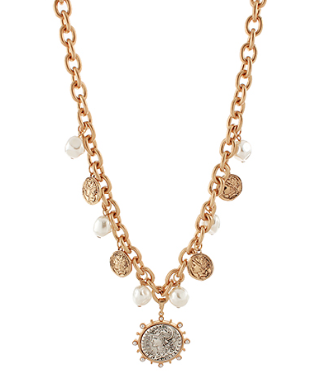 Legacy Coin & Pearl Charm Necklace featuring antique-inspired coin charms, luminous faux pearls, and a central embellished medallion on a gold link chain.