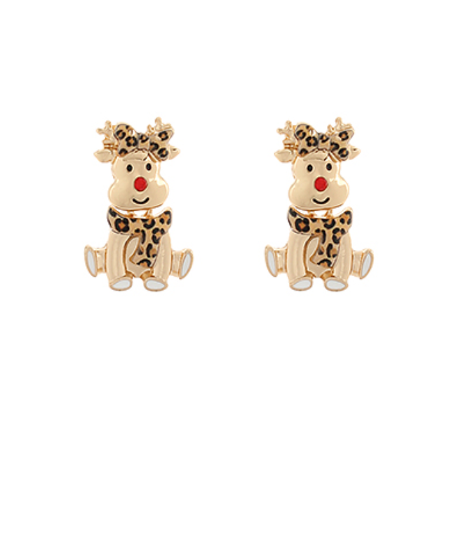 Leopard Print Reindeer Earrings featuring a cute reindeer design with a leopard print scarf, red nose, and gold accents. Perfect for the holiday season!