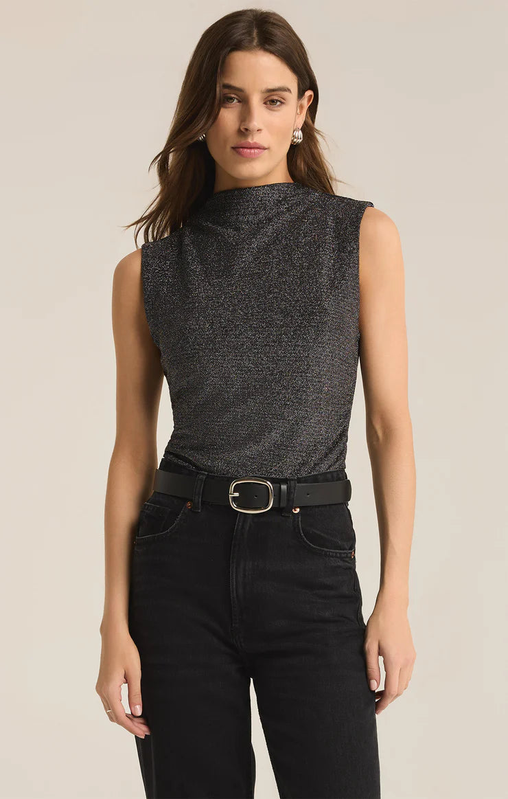 Metallic sleeveless top with a high draped neckline, featuring a fitted silhouette and subtle shimmer—perfect for evening wear and special occasions.