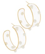 Transparent lucite hoop earrings with gold accents and floating pearl embellishments, designed for a modern and elegant look
