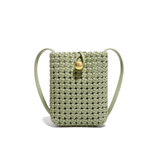 woven handbag with gold ball closure