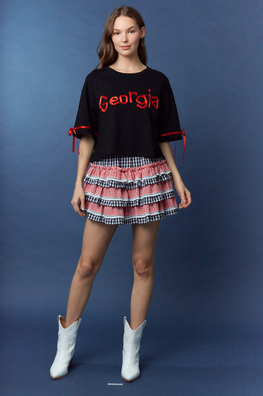 Made for Georgia game day - charming gingham mini skirt with lace trim and flirty tiered layers.
