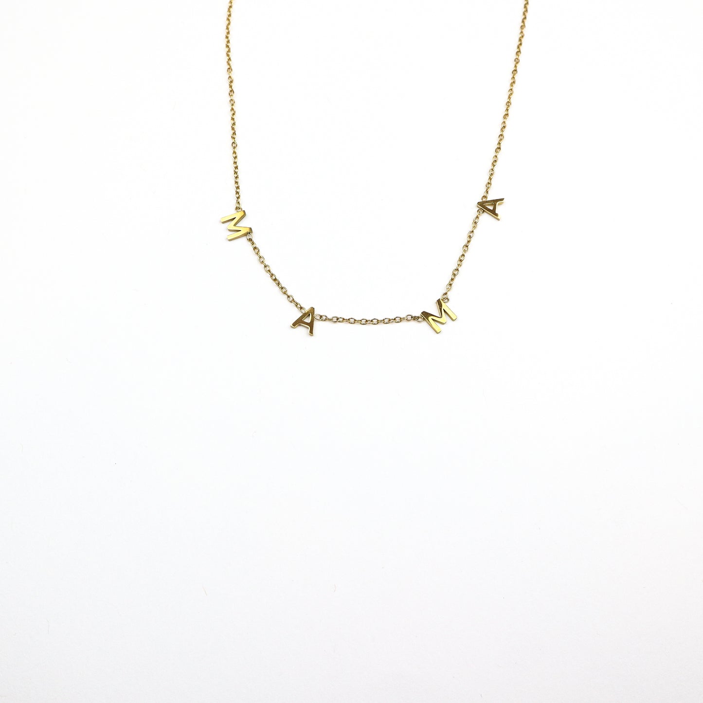 A dainty gold-plated necklace featuring delicate “MAMA” letter charms, perfect for celebrating motherhood with elegance and love.