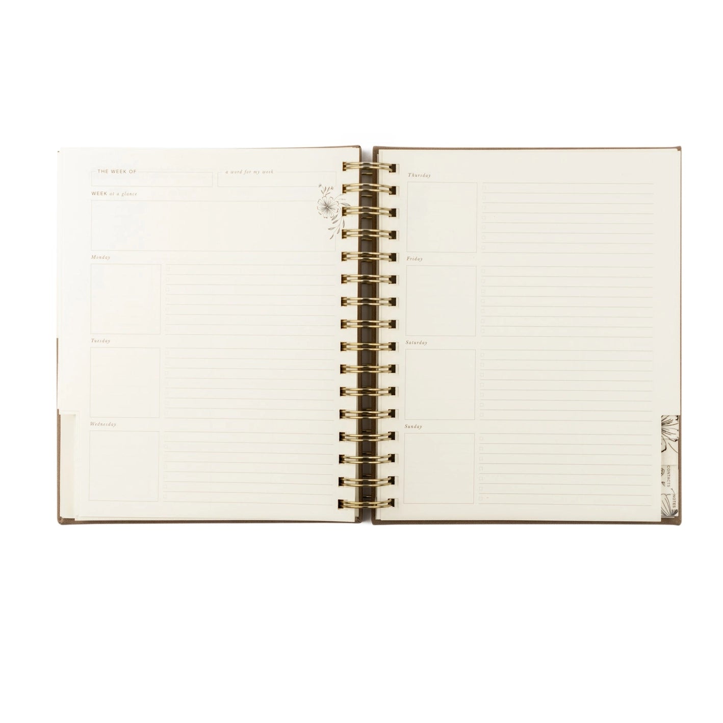 12-Month Undated Planner with taupe vegan leather cover, gold spiral binding, and elegant floral design by Marlo Design.