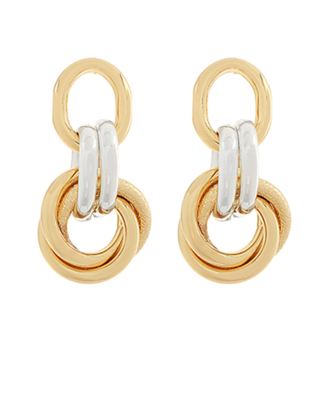 Modern Interlock Hoop Earrings featuring three interconnected, varying-sized rings in polished gold-toned and silver-toned metal, with the smallest gold ring having a textured finish.