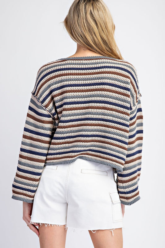 Multicolor striped crochet knit sweater with scoop neckline and cropped fit.