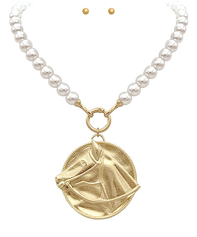 Rosalind Round Horse Pendant & Pearl Necklace