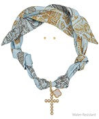 The Isolde Cross & Clover Scarf Necklace Set pairs chic charm details with a soft scarf accent for effortless elegance.