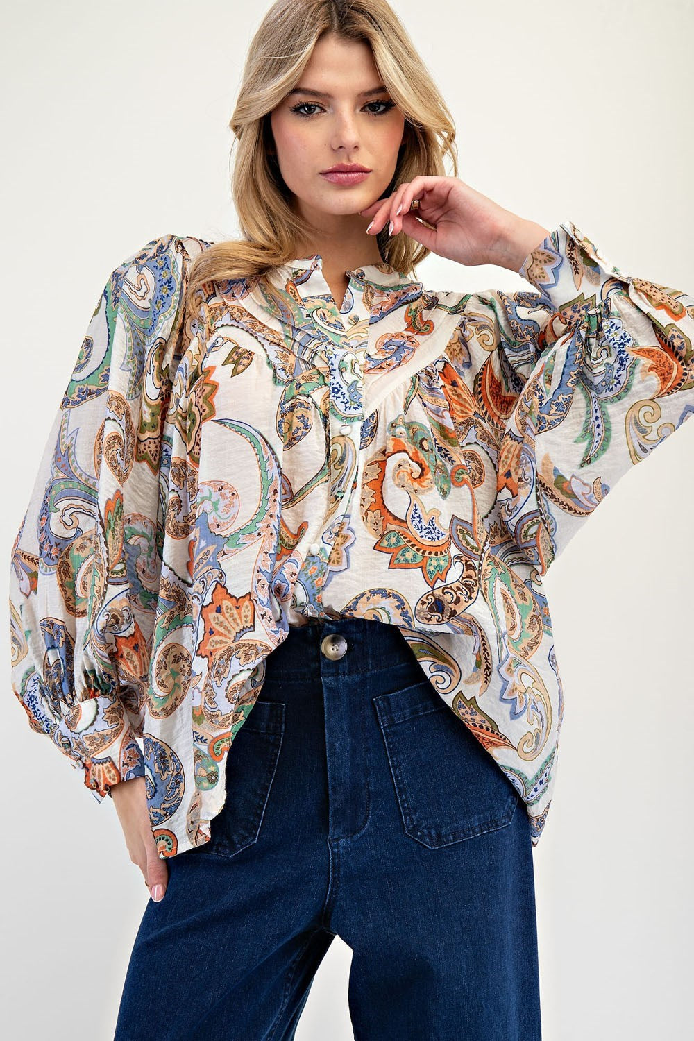 Nora Paisley Bubble Sleeve Top