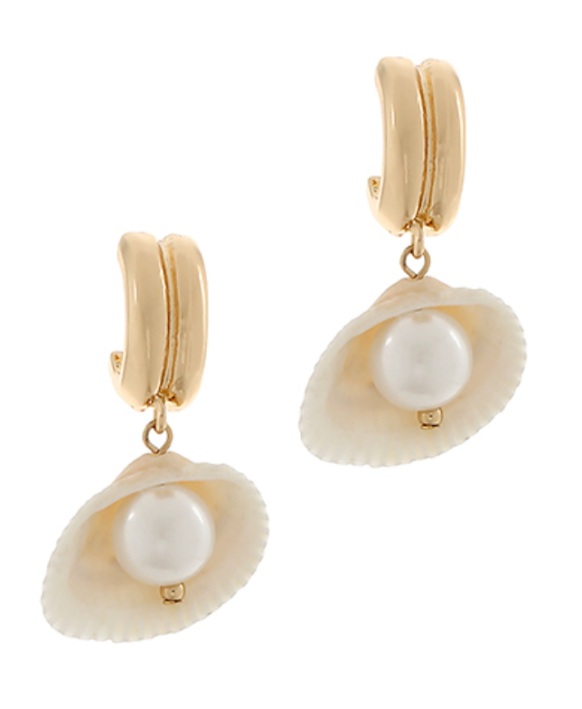 Pair of elegant gold-toned hoop earrings featuring a delicate seashell cradling a luminous faux pearl.