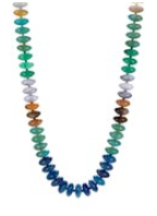 Ombre Gemstone Disc Necklace featuring a gradient of flat, round stone beads in cool tones, transitioning from teal and green to blue and indigo.