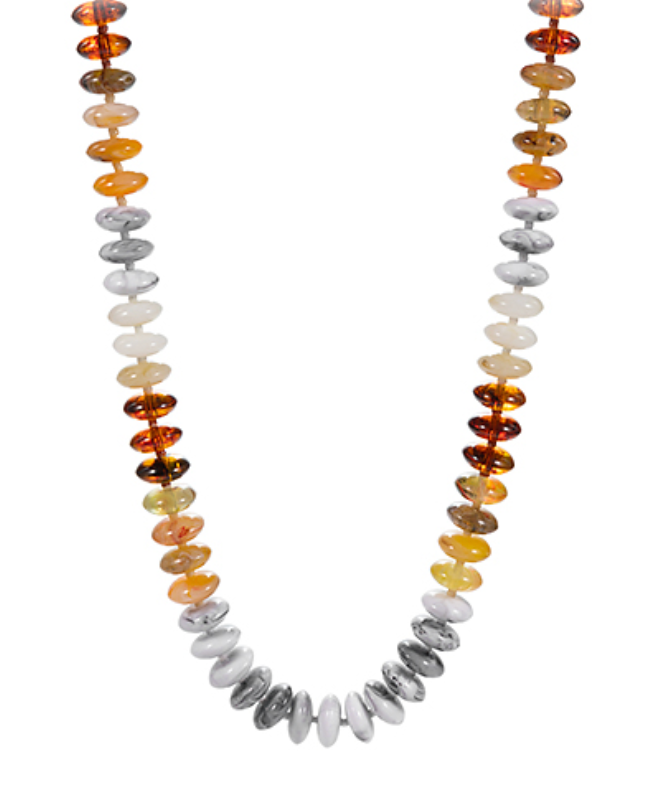 Ombre Gemstone Disc Necklace featuring a gradient of flat, round stone beads in warm tones, transitioning from amber and gold to grey and white.
