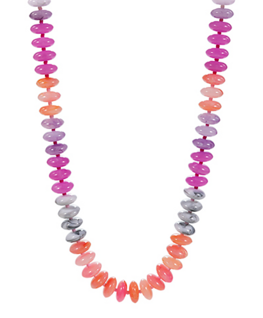 Ombre Gemstone Disc Necklace featuring a gradient of flat, round stone beads in shades of pink, purple, and grey, with a subtle marbled effect on some beads.