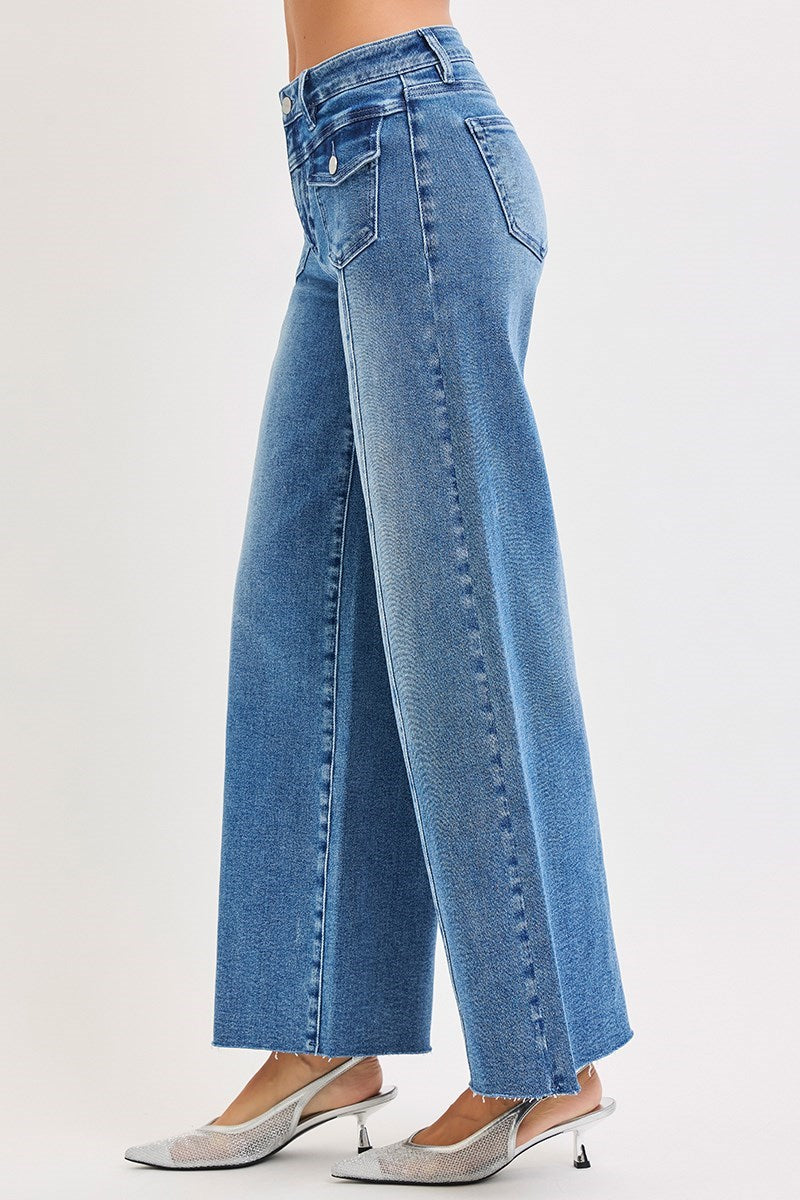 HIGH RISE ANKLE WIDE JEANS WITH FRONT FLAP PATCH POCKET