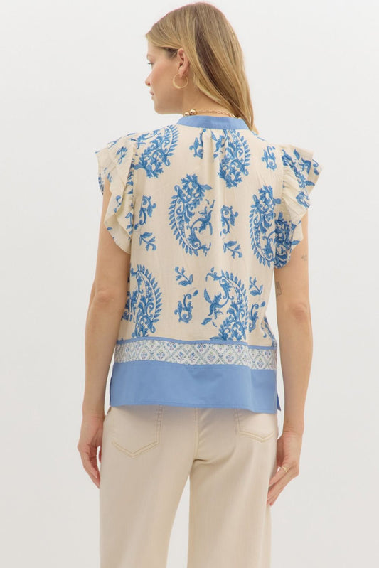 Paisley print tiered flutter sleeve pullover with multi-contrast band and hem details.