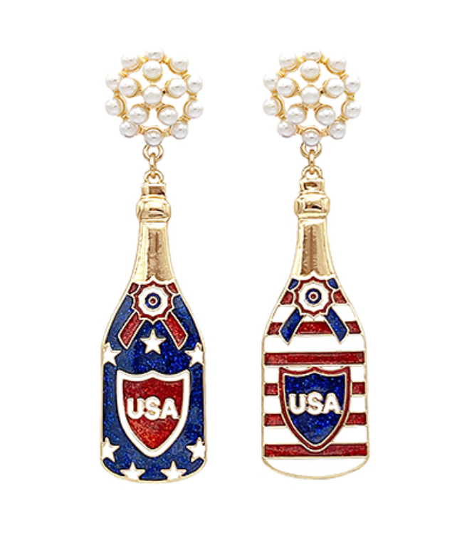 Patriotic Pop Champagne Bottle Earrings featuring red, white, and blue USA-themed champagne bottle dangles with pearl and crystal tops.