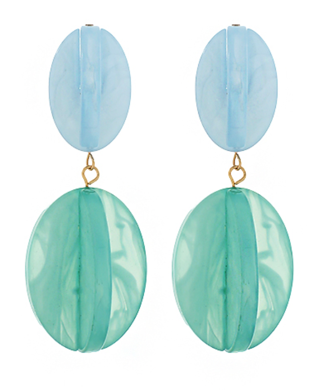 Pair of elegant blue and translucent teal double-circle drop earrings with gold-toned connecting links.