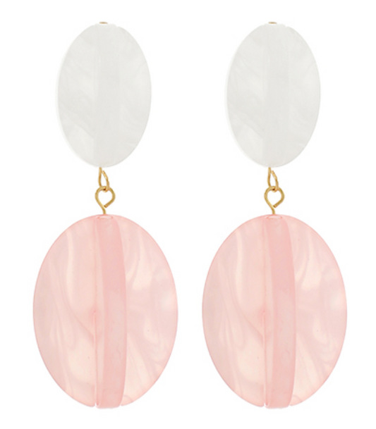 Pair of elegant white and translucent pink double-circle drop earrings with gold-toned connecting links.
