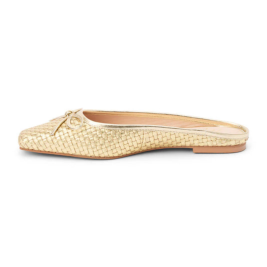 Chic and effortless, these gold woven leather mules bring timeless elegance with a modern twist.