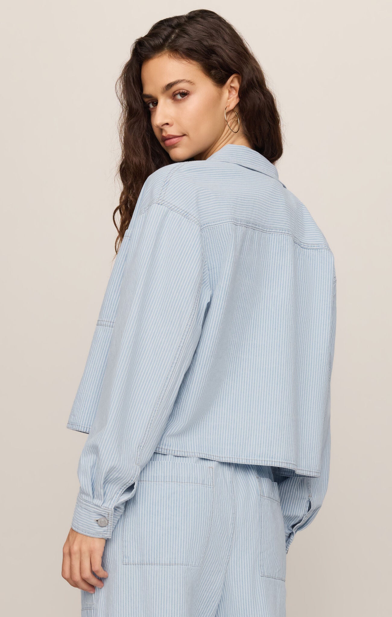 Women’s ultra-soft 100% cotton denim shirt with Y/D stripe pattern, collared neckline, long sleeves, button front closure, and chest pockets.