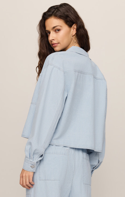 Women’s ultra-soft 100% cotton denim shirt with Y/D stripe pattern, collared neckline, long sleeves, button front closure, and chest pockets.