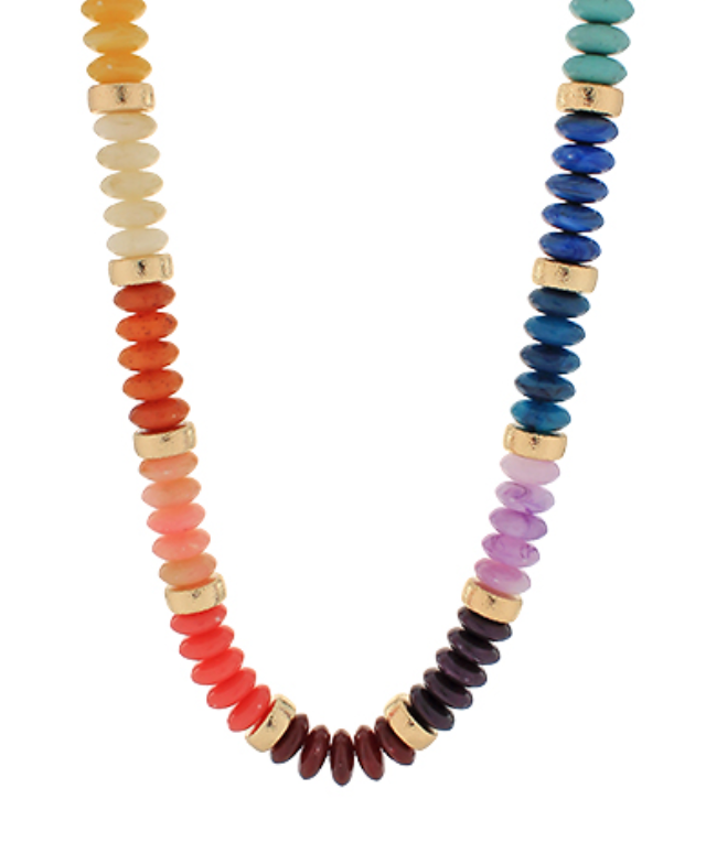 A vibrant necklace featuring a continuous string of small, flat, round beads in a gradient of colors, from warm tones like orange, red, and yellow on one side to cool tones like blue, green, and purple on the other. Small gold-toned spacer beads are interspersed between the colored beads.
