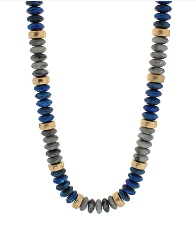 Beaded necklace with navy, grey, and gold beads.