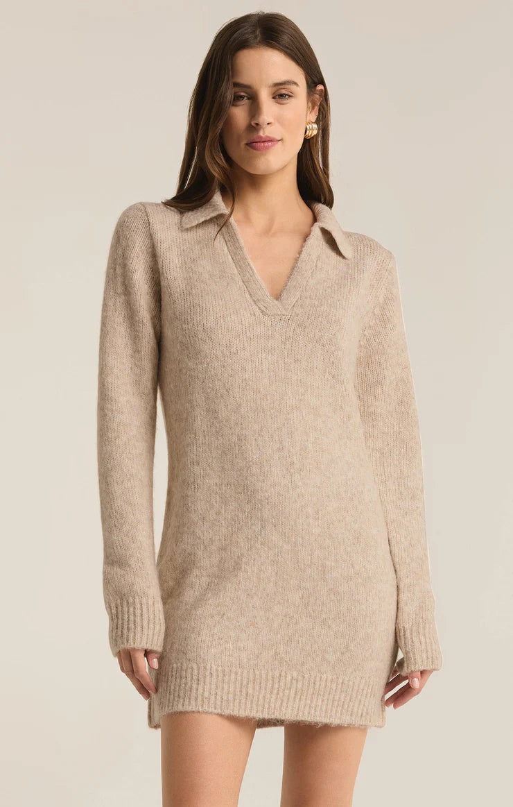 Light Oatmeal Heather collared mini sweater dress