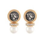 Gold-plated coin stud earrings featuring an embossed antique medallion, rhinestone detailing, and a delicate pearl drop