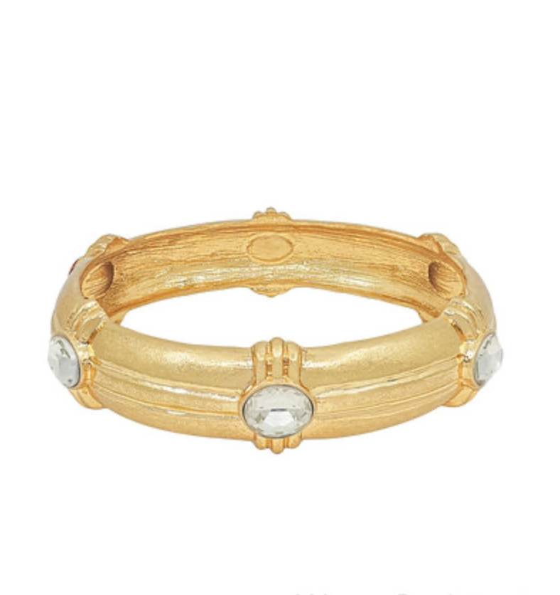 Regal Radiance Crystal Bangle featuring a gold-tone vintage-inspired design with sparkling clear crystal accents, elegant luxury bracelet for women.