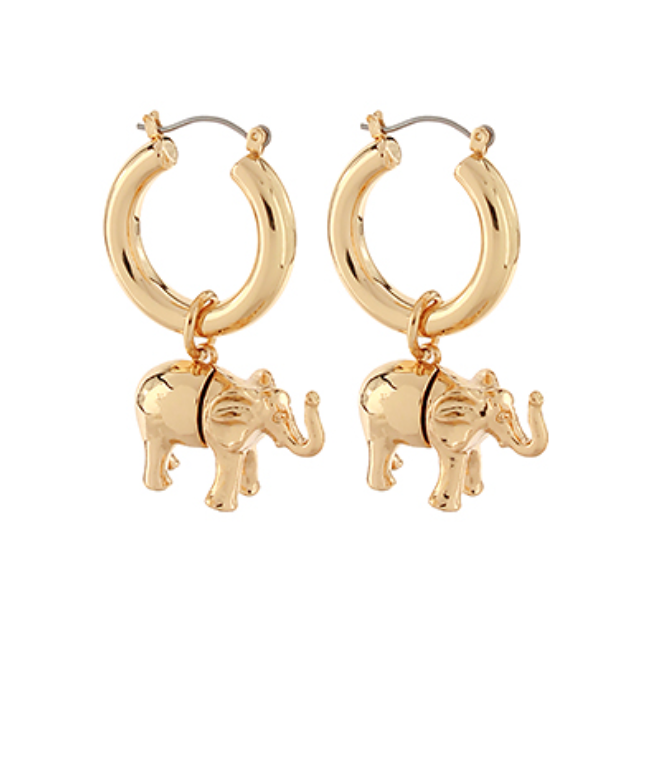 Roll Tide Tusker Earrings featuring Gold Hoop with Detailed Elephant Charm