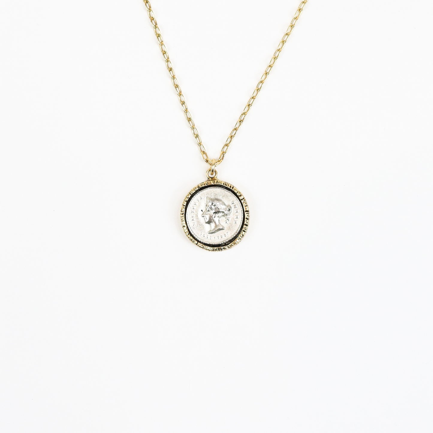 A 22K gold-plated necklace featuring a Roman emperor coin pendant encased in a textured gold frame, suspended on a delicate paperclip chain for a timeless, regal look.